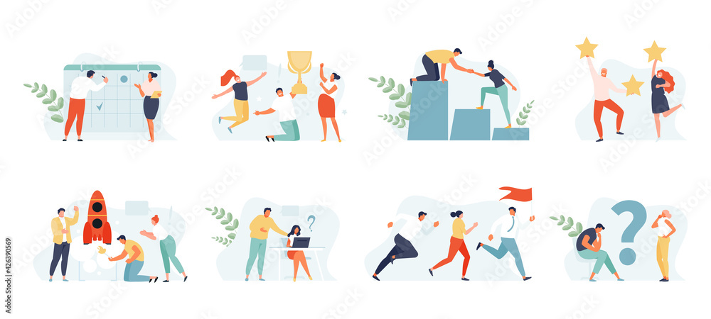 Business people set concept. Planning, startup, coaching and problem solving, success. Vector web illustrations