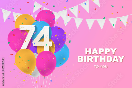 Happy 74th birthday balloons greeting card background. 74 years anniversary. 74th celebrating with confetti. Illustration stock