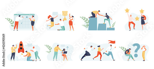 Business people set concept. Planning, startup, coaching and problem solving, success. Vector web illustrations