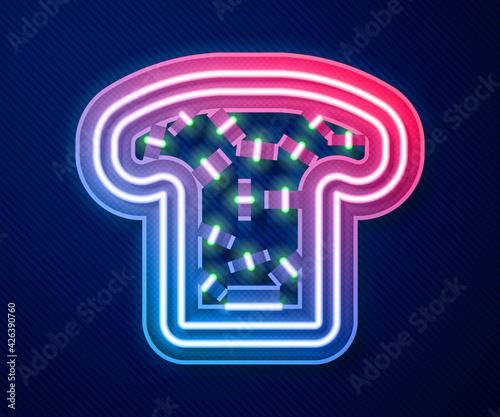 Glowing neon line Bread toast for sandwich piece of roasted crouton icon isolated on blue background. Lunch, dinner, breakfast snack. Vector