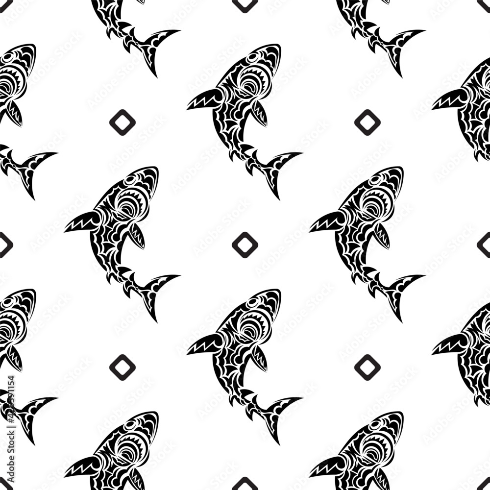 Seamless black and white pattern with sharks. Good for mural wallpaper, fabric, postcards and printing. Vector Seamless black and white pattern with sharks. Good for mural wallpaper, fabric, postcards and printing. Vector