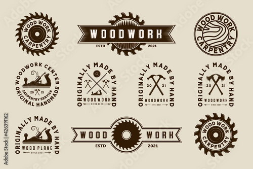 Exclusive Set of Woodwork Vector Illustration Logo Design. Premium Set of Woodwork Logo Template for Wood Master, Sawmill and Carpentry Service. Collection, Bundle or Set Logo of Woodworking Tool