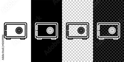 Set line Safe icon isolated on black and white, transparent background. The door safe a bank vault with a combination lock. Reliable Data Protection. Vector
