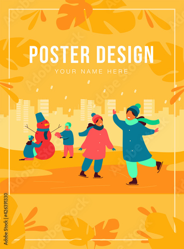 People walking in winter park isolated flat vector illustration. Cartoon men, women and children ice skating and making snowman. Cold, family and activity concept