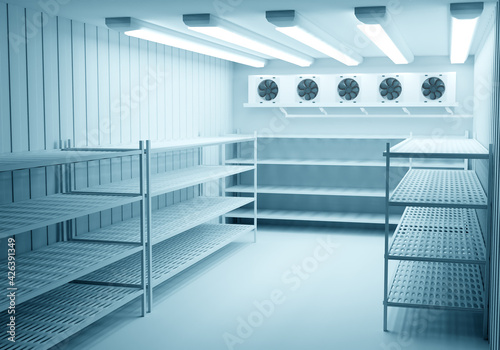 Refrigerators compartment. Warehouse with shelves for food storage. Grocery warehouse with air conditioning. Freezing of products. Stelms with shelves. Refrigeration equipment.  photo