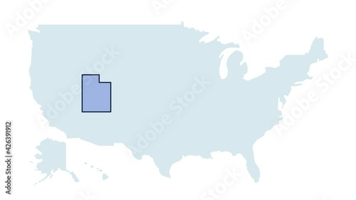 US utah state map animation. United states of America country - high detailed motion illustration map. 4k animated video with blinking red and blue highlighted state with alpha matte