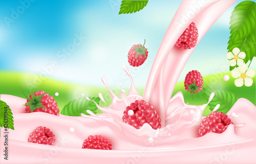 Raspberry sweet pink milk with berries and splashes realistic, Fruit and yogurt. vector 3d illustration.