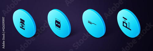 Set Isometric Cat scratching post, Hair brush for dog and cat, Bag of food pet and Medicine bottle pills icon. Vector