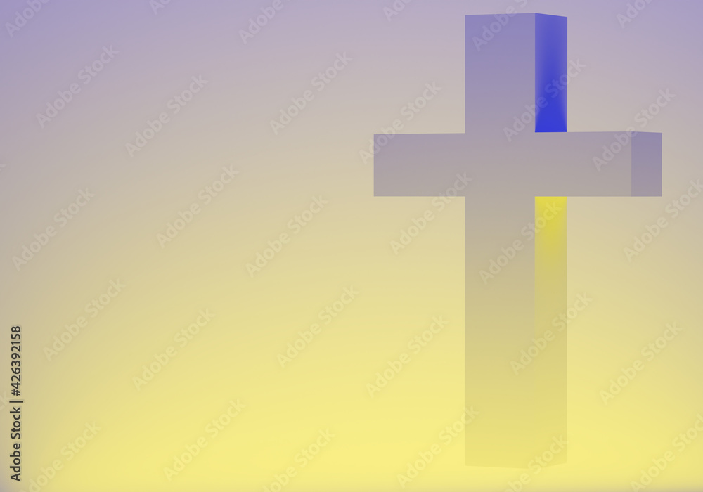 Fototapeta premium Catholic cross on light background. It symbolizes faith in Christianity. Three-dimensional cross is illuminated with yellow light. Place for inscription next to Catholic cross. Christianity symbol 3d
