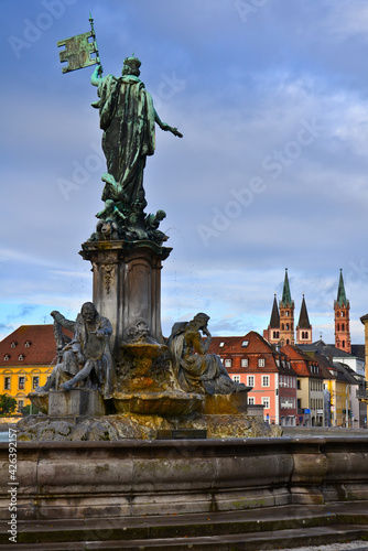 Statue, fountain and cityscape of Würzburg in front of the Würzburg Residenz palace, Franconia, Bavaria, Germany