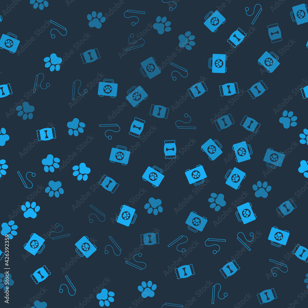 Set Pet cat toy, first aid kit, Bag of food for pet and Paw print on seamless pattern. Vector Set Pet cat toy, first aid kit, Bag of food for pet and Paw print on seamless pattern. Vector