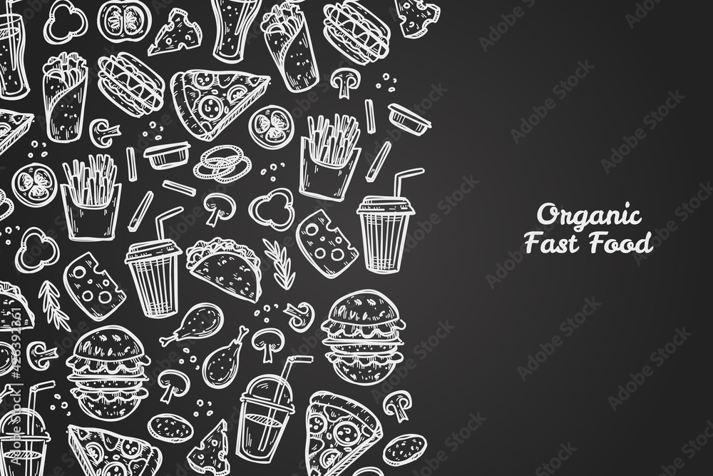 Vector background with doodle fast food on black Vector background with doodle fast food on black