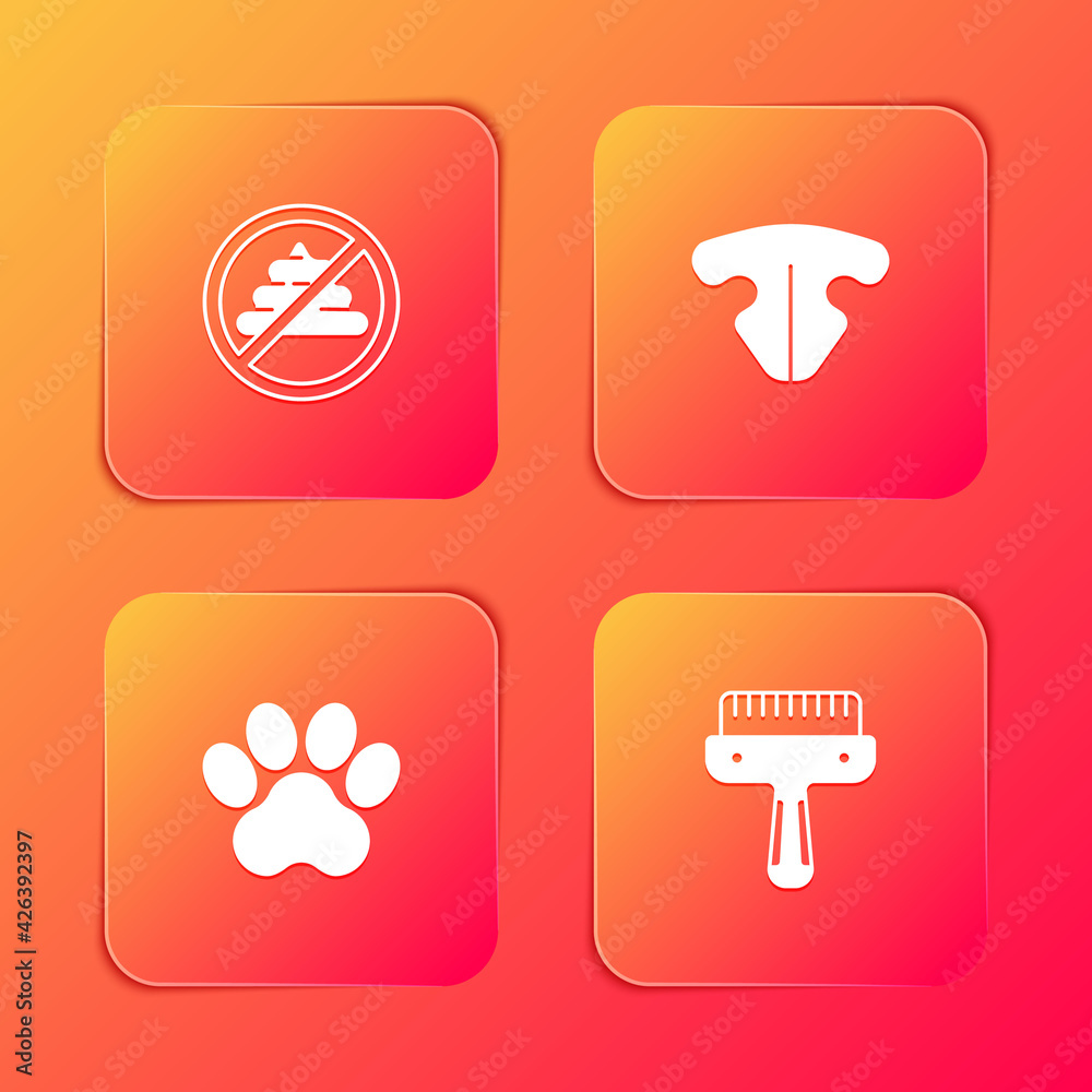 Set No shit, Cat nose, Paw print and Hair brush for dog and cat icon. Vector Set No shit, Cat nose, Paw print and Hair brush for dog and cat icon. Vector