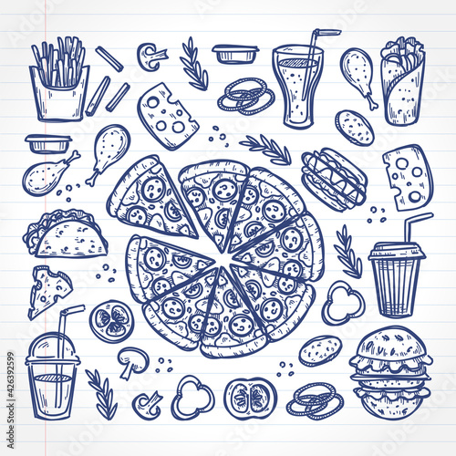 Vector background with doodle fast food dishes