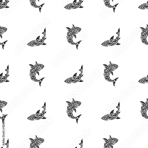 Seamless black and white pattern with sharks. Good for mural wallpaper, fabric, postcards and printing. Vector © Javvani