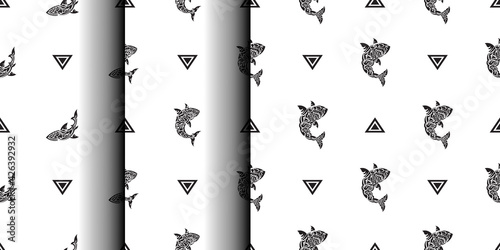 Set of Seamless black and white pattern with sharks. Good for menus, postcards, books, murals and fabrics. Vector illustration.