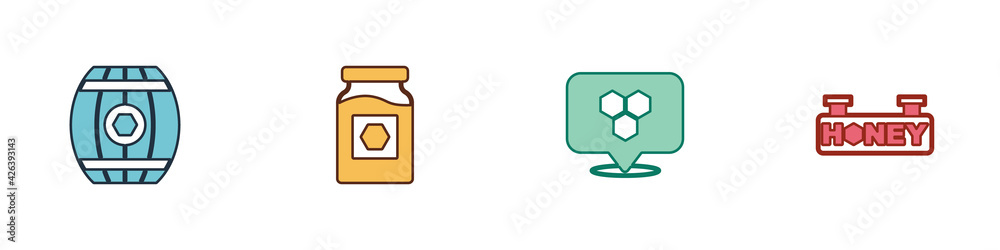 Set Wooden barrel with honey, Jar of, Honeycomb bee location and Hanging sign honeycomb icon. Vector Set Wooden barrel with honey, Jar of, Honeycomb bee location and Hanging sign honeycomb icon. Vector