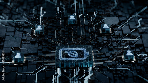 Wallpaper Mural Environmental Energy Technology Concept with Eco battery symbol on a Microchip. White Neon Data flows between Users and the CPU across a Futuristic Motherboard. 3D render. Torontodigital.ca
