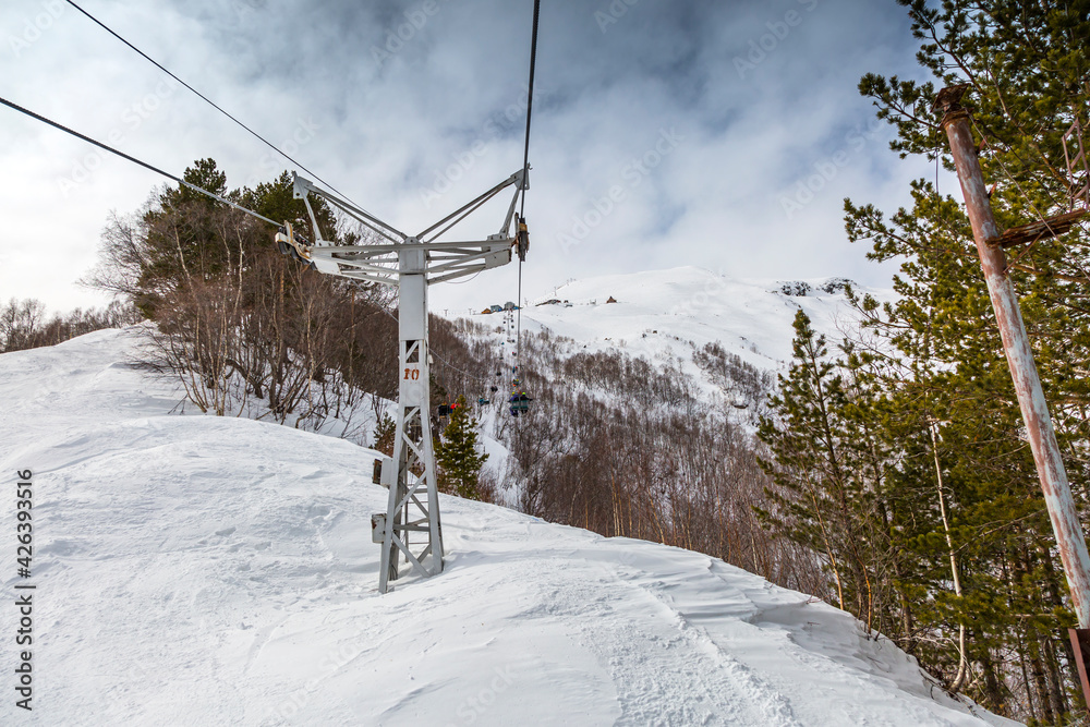 Lift for skiers to the mountain peak. North Caucasus, Kabardino-Balkaria, Elbrus, Russia. Lift for skiers to the mountain peak. North Caucasus, Kabardino-Balkaria, Elbrus, Russia.