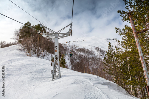 Lift for skiers to the mountain peak. North Caucasus, Kabardino-Balkaria, Elbrus, Russia.