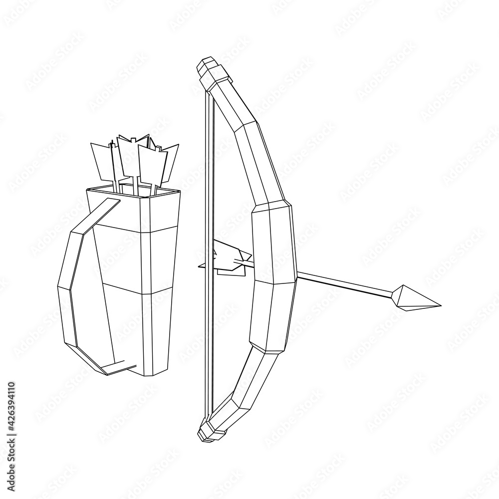 Medieval Bow and arrow archer weapon. Wireframe low poly mesh vector illustration.