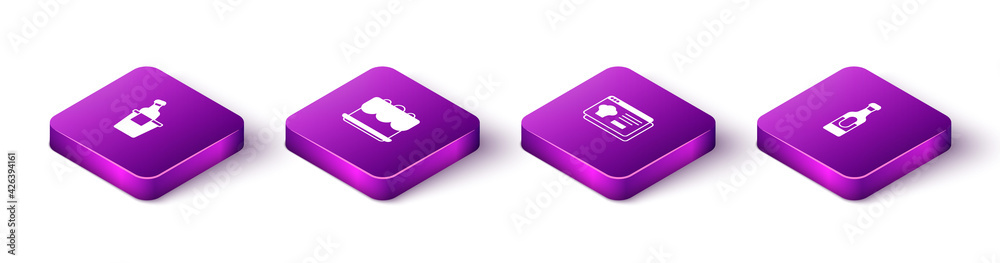 Set Isometric Champagne in an ice bucket, Cake, Online ordering and delivery and Wine bottle icon. Vector Set Isometric Champagne in an ice bucket, Cake, Online ordering and delivery and Wine bottle icon. Vector
