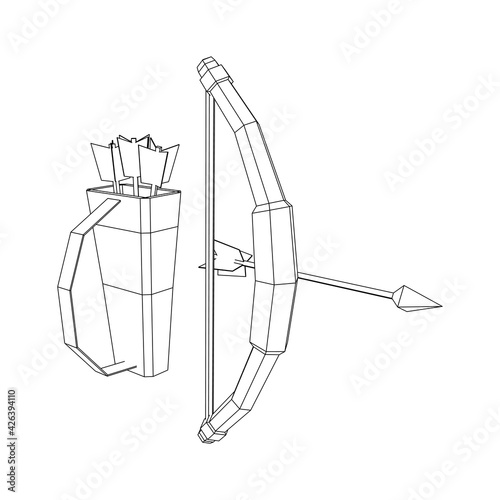 Medieval Bow and arrow archer weapon. Wireframe low poly mesh vector illustration.