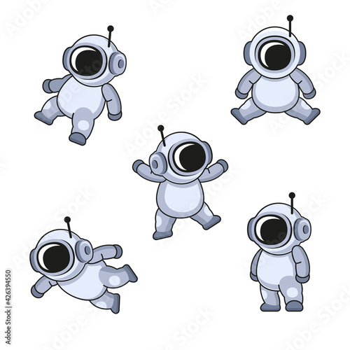 Cute Cartoon Style Cosmonaut in Spacesuit Icons Set. Vector