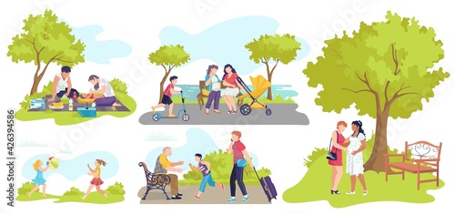 Casual people resting, relax in nature summer, vector illustration. Joyful cute kids having fun, happy young couple sit on grass.
