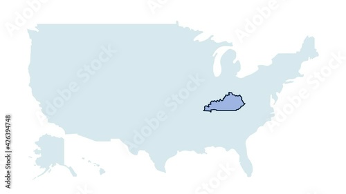 US kentucky state map animation. United states of America country - high detailed motion illustration map. 4k animated video with blinking red and blue highlighted state with alpha matte.
