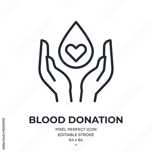 Blood donation concept editable stroke outline icon isolated on white background vector illustration. Pixel perfect. 64 x 64.