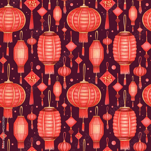 Hand drawn endless texture. Watercolor seamless chinese traditional pattern. Many chinese decor elements on vinous background. Nice paper design.