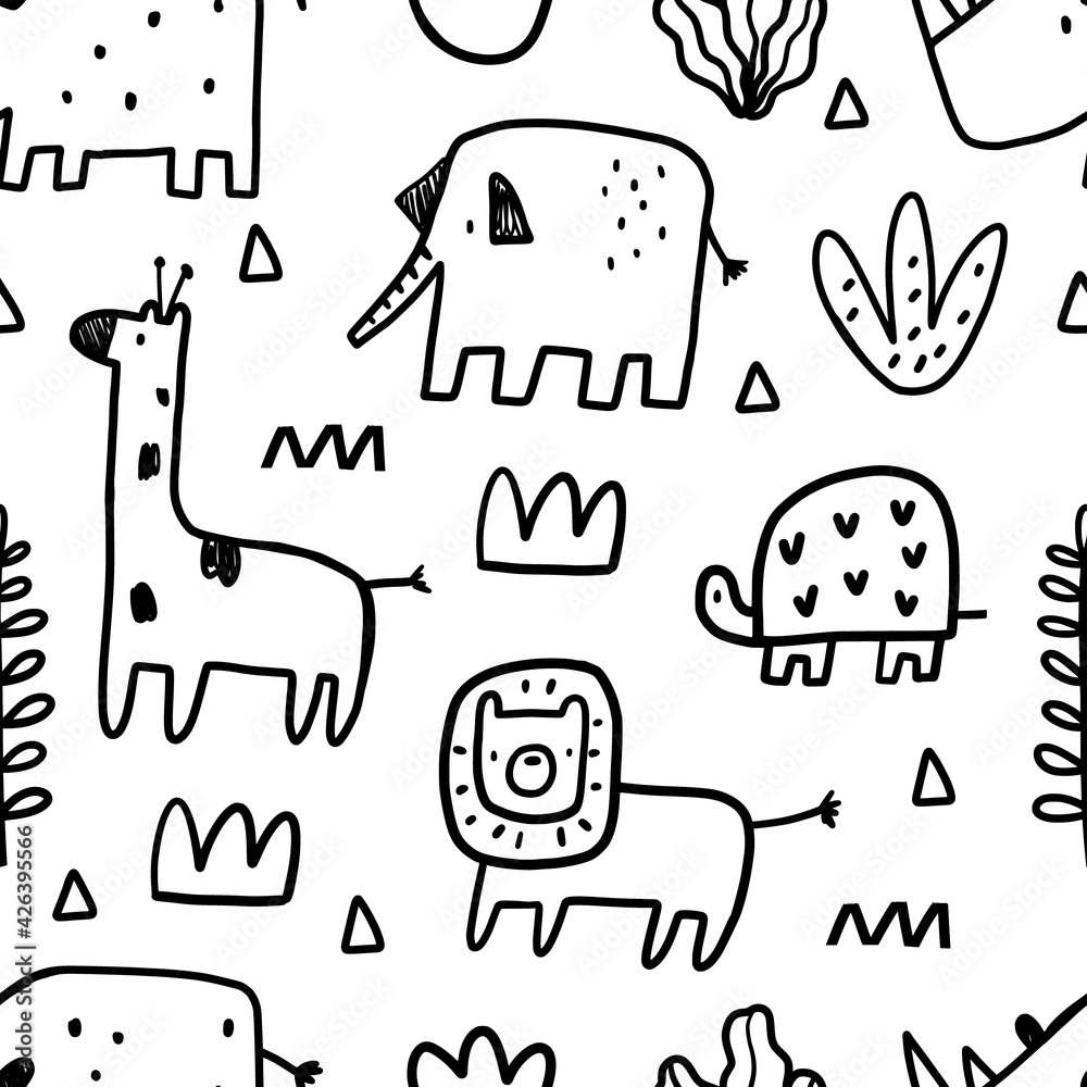 Vector seamless hand drawn doodle pattern with safari animals and ...