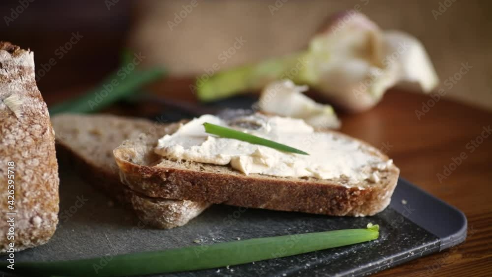 Homemade buckwheat bread with garlic cheese spread
