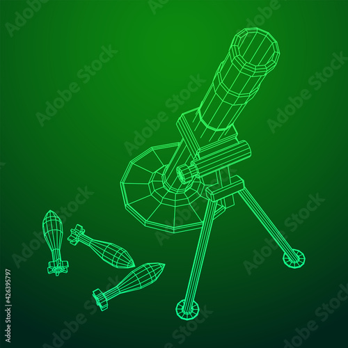 Firearm weapon army mortar and mine. Wireframe low poly mesh vector illustration