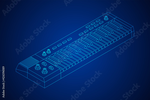Piano roll analog synthesizer faders buttons knobs. Wireframe low poly mesh vector illustration.