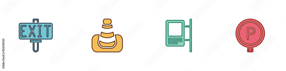 Set Fire exit, Traffic cone, Road traffic sign and Parking icon. Vector Set Fire exit, Traffic cone, Road traffic sign and Parking icon. Vector