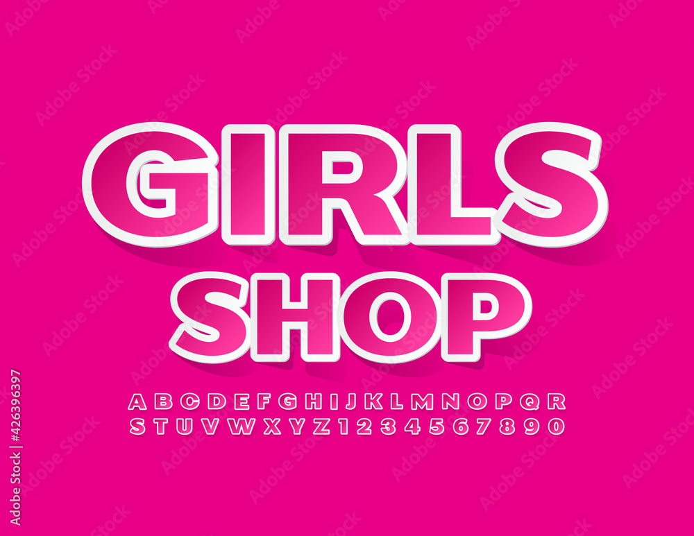 Vector cute Emblem Girls Shop. Pink sticker Font. Artistic Alphabet Letters and Numbers