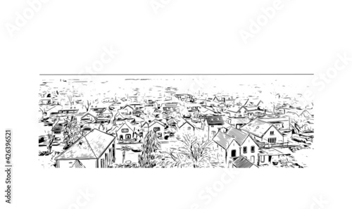 Building view with landmark of Ede is the 
municipality in the Netherlands. Hand drawn sketch illustration in vector.
