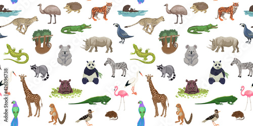 Fototapeta Naklejka Na Ścianę i Meble -  Seamless pattern with wild exotic animals, mammals and birds, rainforest and savannah fauna. Vector illustration