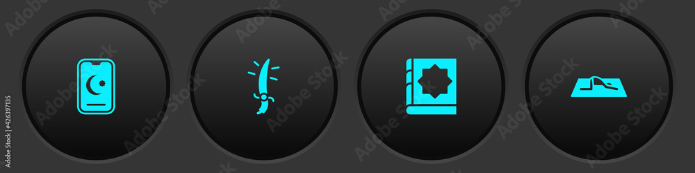 Set Star and crescent, Arabian saber, Holy book of Koran and Muslim man prays icon. Vector Set Star and crescent, Arabian saber, Holy book of Koran and Muslim man prays icon. Vector