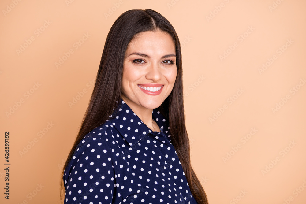 Profile portrait of nice charming lady toothy smile look camera wear retro outfit isolated on beige color background