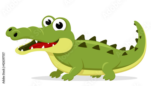 Crocodile stands and smiles on a white. The character