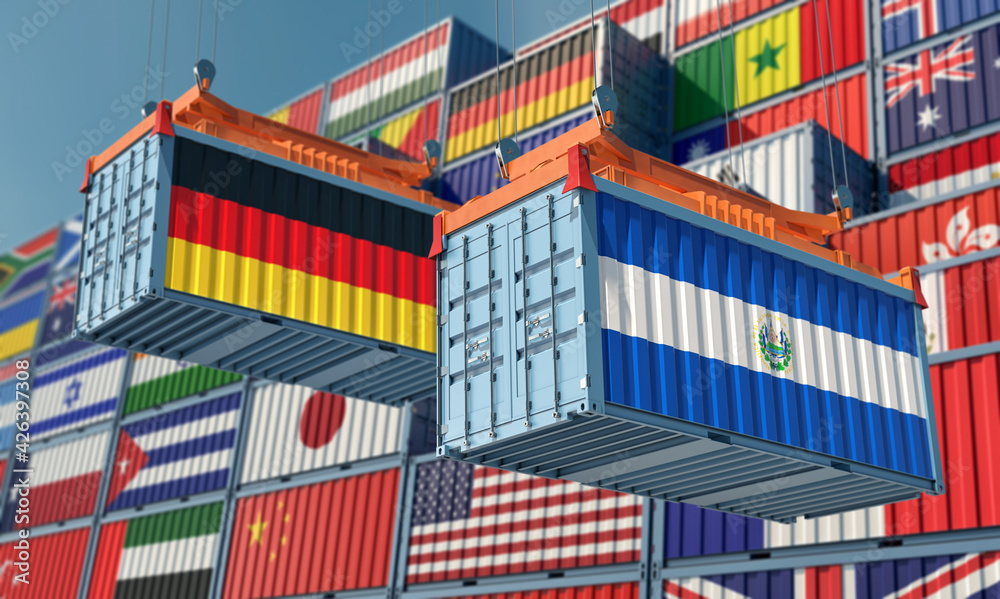 Freight containers with Germany and El Salvador national flags. 3D Rendering 