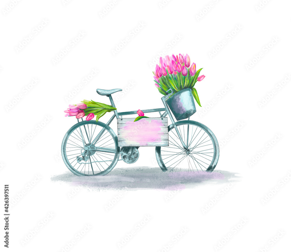 Watercolor bicycle with tulips. Summer. A vintage turquoise bike mockup with flowers. A greeting card. Birthday.