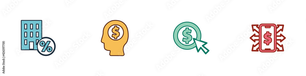Set House with percant discount, Business man planning mind, Coin money dollar and Smartphone icon. Vector Set House with percant discount, Business man planning mind, Coin money dollar and Smartphone icon. Vector