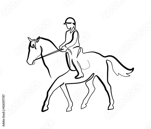 Horse and rider on horseback logo. Continuous one line drawing.