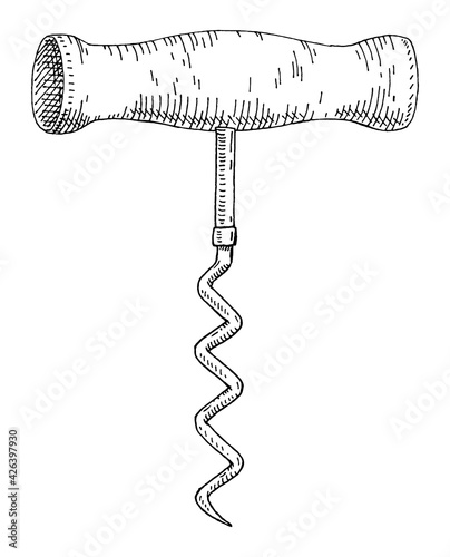 Wood corkscrew. Vintage hatching gray monochrome illustration.