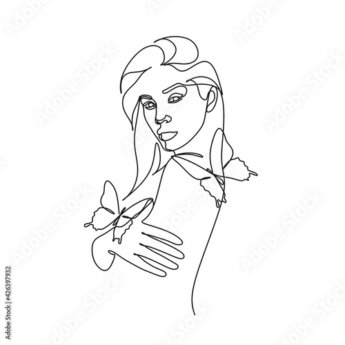 butterfly Surreal Faces Continuous line, drawing of set faces and hairstyle, fashion concept, woman beauty minimalist, vector illustration pretty sexy. Contemporary portrait