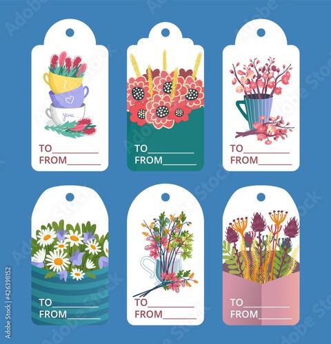 Flower tag design set, vector illustration. Little card with floral decoratio...